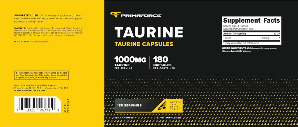 Primaforce Taurina 1000mg Cápsulas, 180 Cápsulas, Suplemento No OGM y Sin Gluten