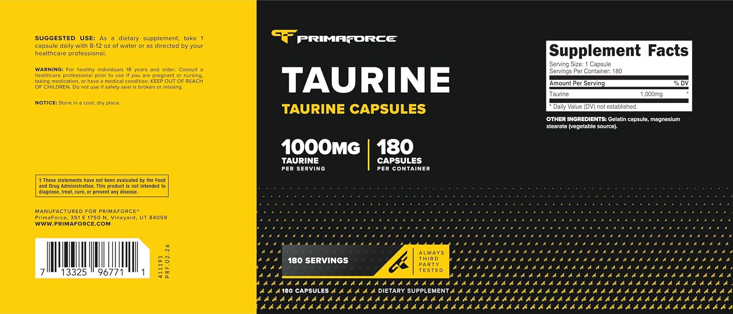 Primaforce Taurina 1000mg Cápsulas, 180 Cápsulas, Suplemento No OGM y Sin Gluten