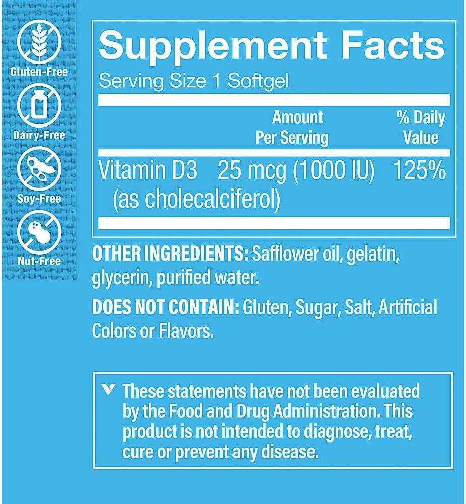 The Vitamin Shoppe Vitamina D3 1000 UI - Salud Ósea, Inmunitaria y Celular | Cápsulas blandas de Colecalciferol | 100 Cápsulas | Sin Gluten