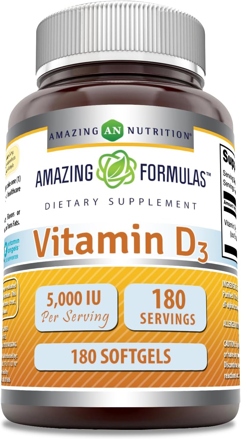 Amazing Formulas Vitamina D3 (Colecalciferol) | 5000 IU por Porción | 180 Cápsulas Blandas | No-GMO, Sin Gluten