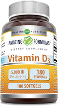 Amazing Formulas Vitamina D3 (Colecalciferol) | 5000 IU por Porción | 180 Cápsulas Blandas | No-GMO, Sin Gluten