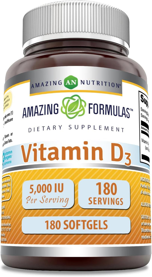 Amazing Formulas Vitamin D3 (Cholecalciferol) | 5000 IU per Serving | 180 Softgels | Non-GMO, Gluten-Free