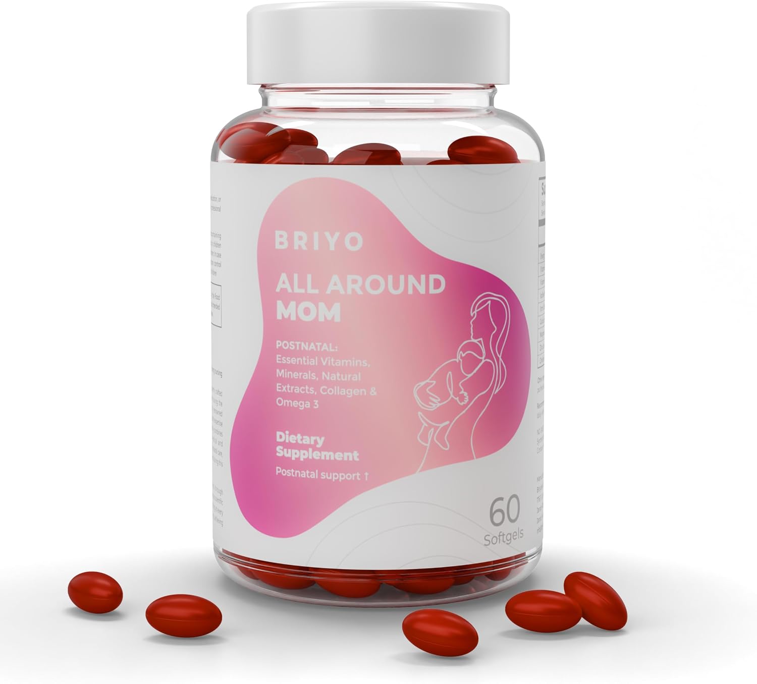 Briyo All Around Mom - Fórmula Postnatal Completa con Omega 3, Colágeno, Colina, Shatavari, Moringa, Vitaminas y Minerales - Apoya Recuperación, Energía, Lactancia y Ánimo - 60 Cápsulas Blandas