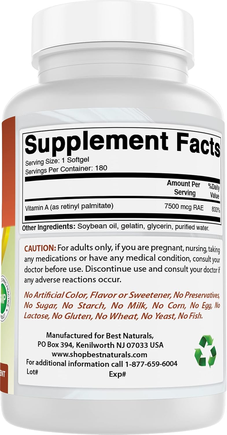 Best Naturals Vitamina A 25000 IU (7500 mcg) - 180 Cápsulas Blandas, Pack de 2