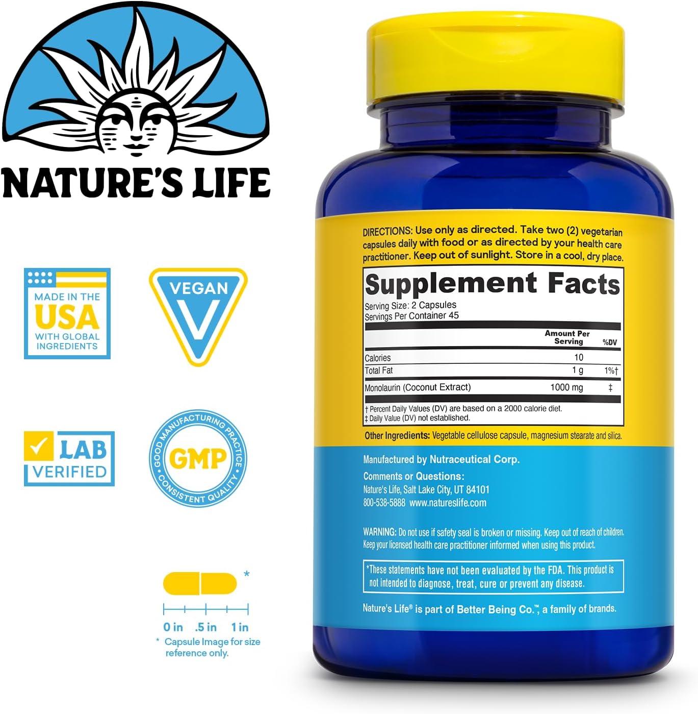Nature's Life Monolaurin 1000 mg - 90 Cápsulas Vegetarianas