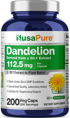 Cápsulas de Raíz de Diente de León, 112,5 mg, 200 Cápsulas Veganas - NusaPure
