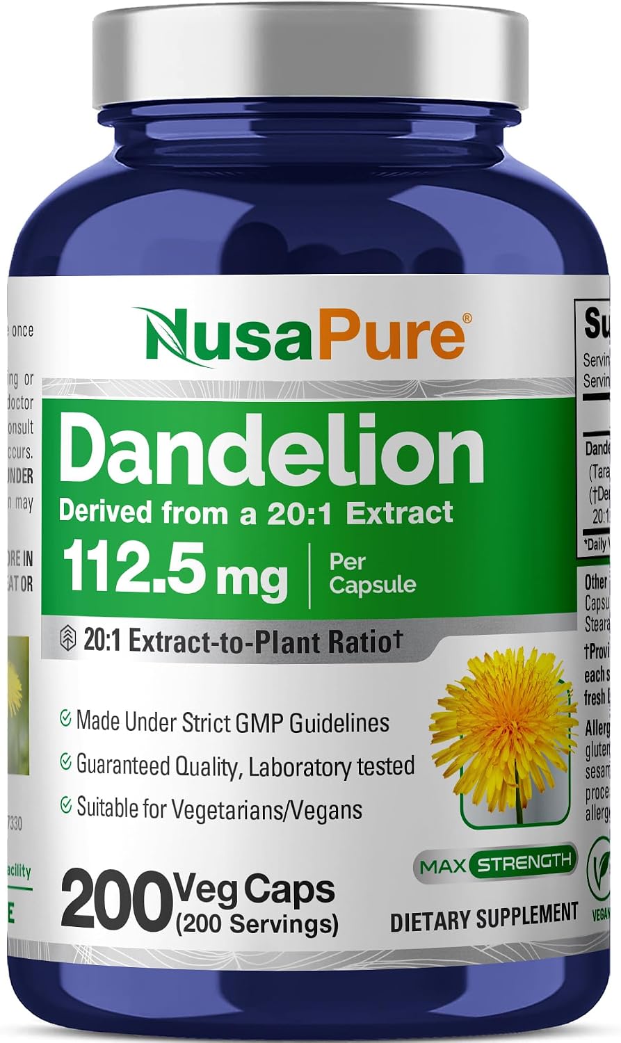 Cápsulas de Raíz de Diente de León, 112,5 mg, 200 Cápsulas Veganas - NusaPure