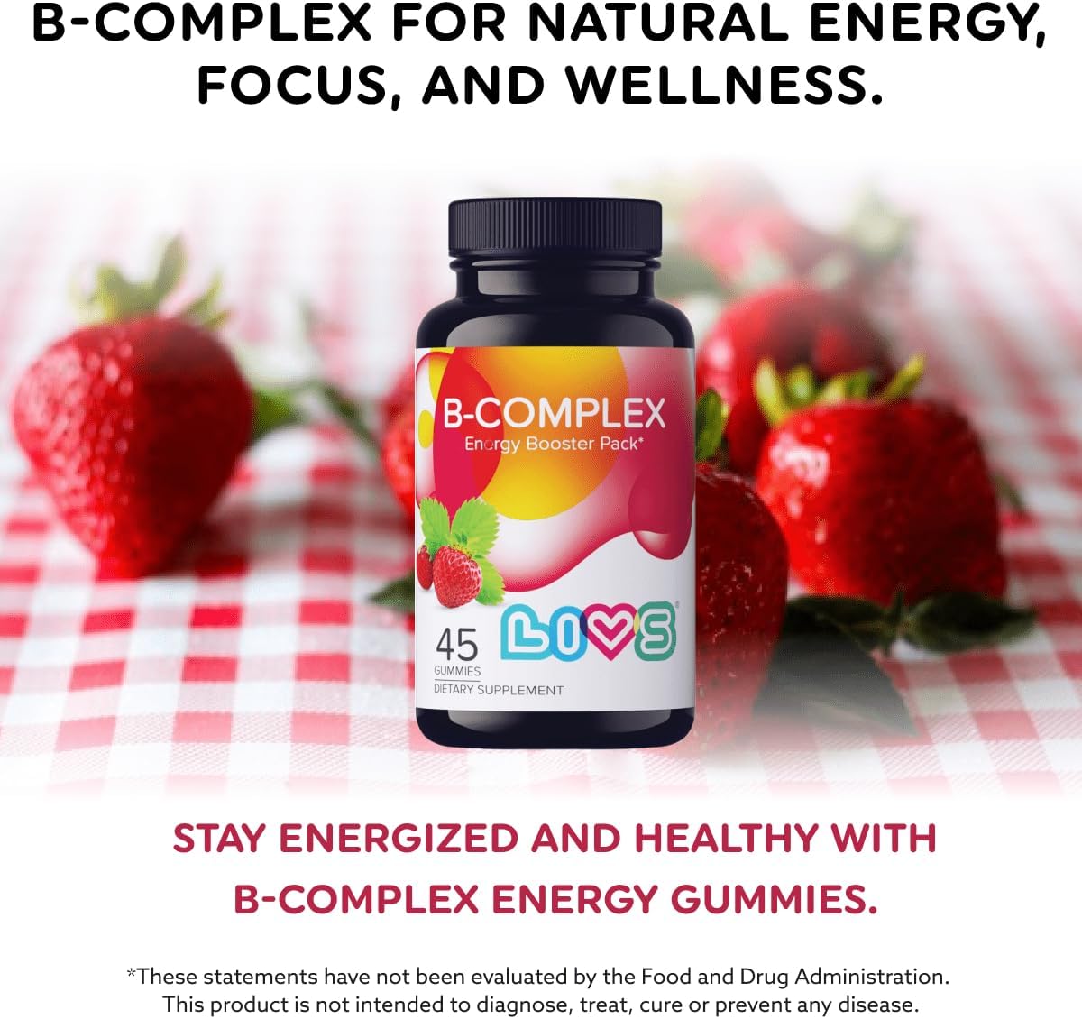 LIVS Complejo B Gummies con B12, Biotina, B3, B6 y Vitamina C para Niños y Adultos – Sabor Fresa (45 unidades)