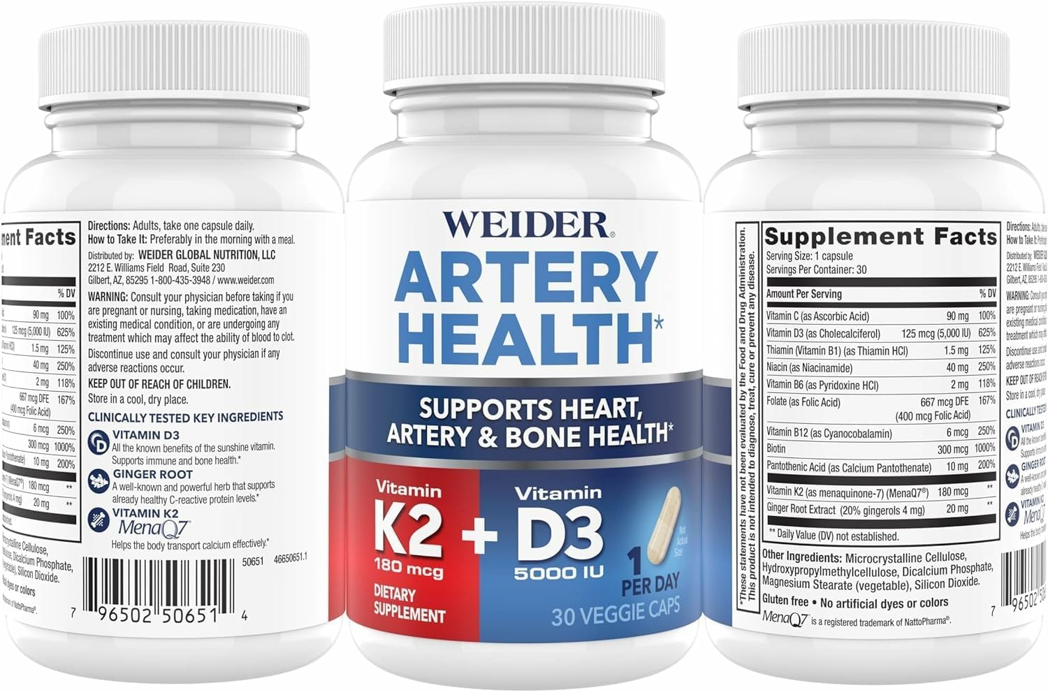 Weider Artery Health - Salud Arterial y Corazón - con Vitamina K2, D3 y Jengibre - 30 Cápsulas Veganas