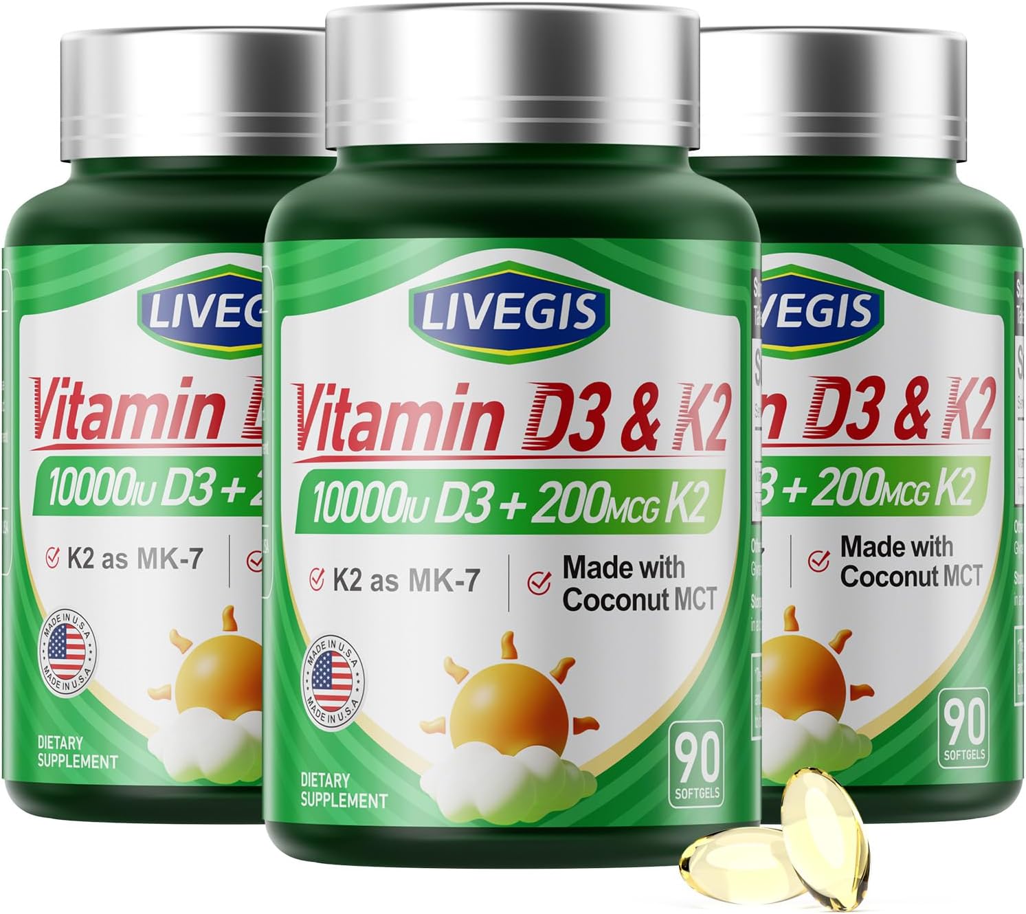 Cápsulas blandas de Vitamina D3 10000 UI con K2 (MK-7) 200 mcg y aceite de coco - 3 Paquetes (270 unidades)