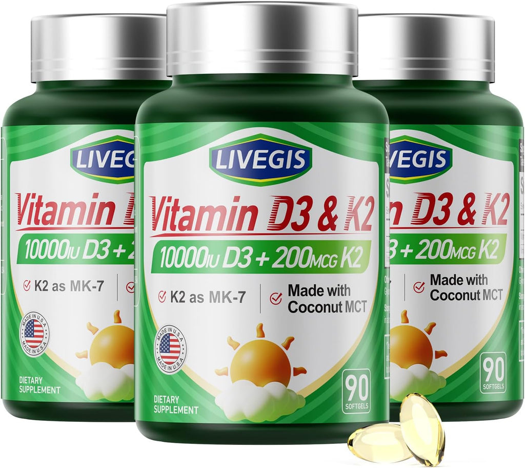 LIVEGIS Vitamina D3 K2, D3 10000 UI con K2 (MK-7) 200 mcg y Aceite de Coco, 180 Cápsulas Blandas (2 Envases)