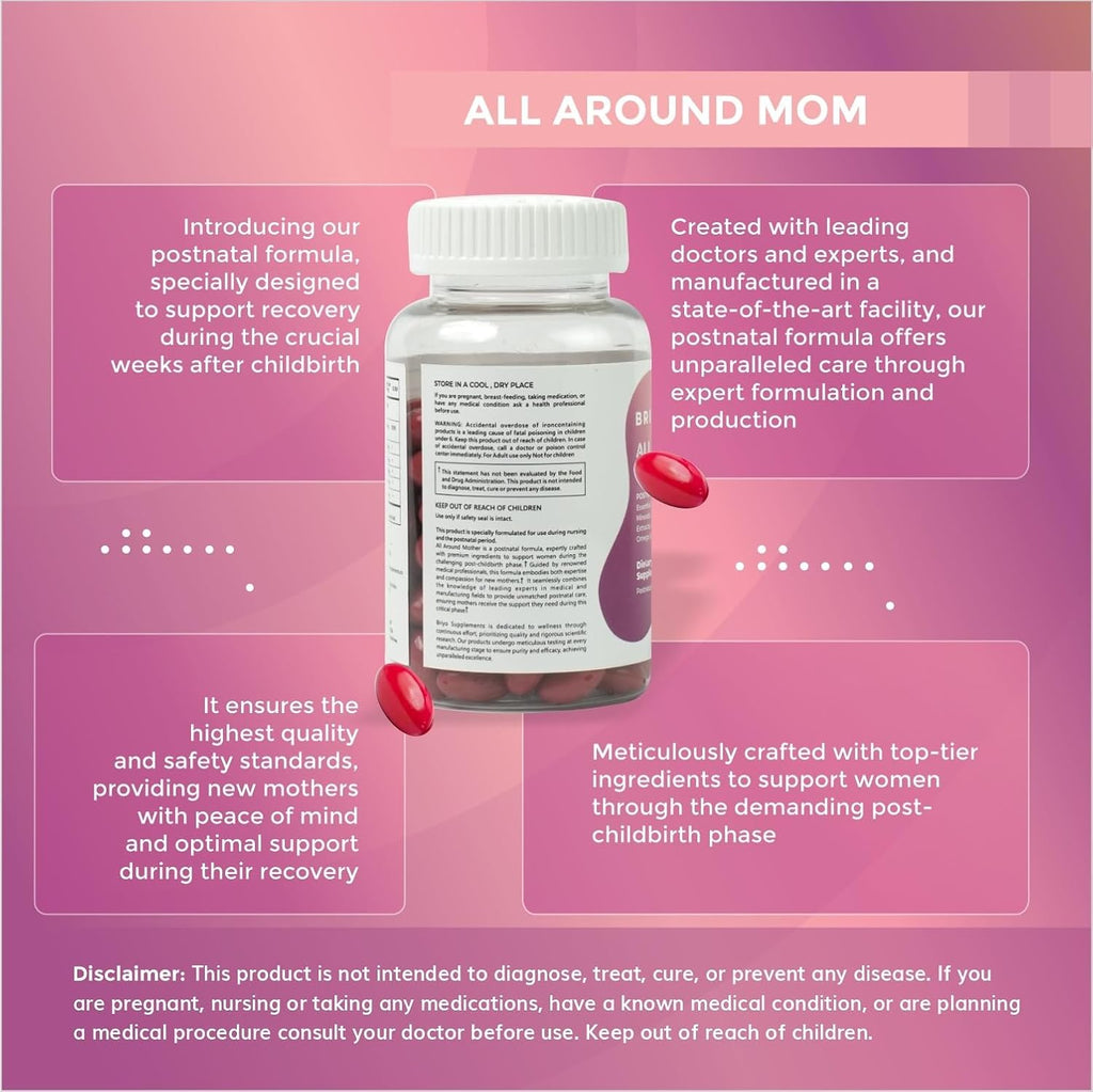 Briyo All Around Mom - Fórmula Postnatal Completa con Omega 3, Colágeno, Colina, Shatavari, Moringa, Vitaminas y Minerales - Apoya Recuperación, Energía, Lactancia y Ánimo - 60 Cápsulas Blandas