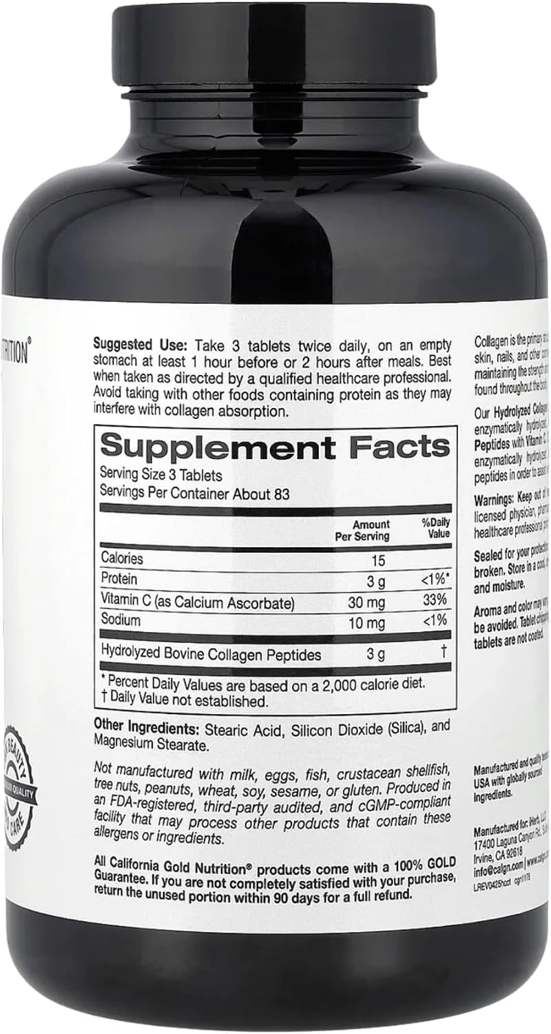 California Gold Nutrition, Péptidos de Colágeno Hidrolizado Tipo I y III con Vitamina C, 250 Comprimidos
