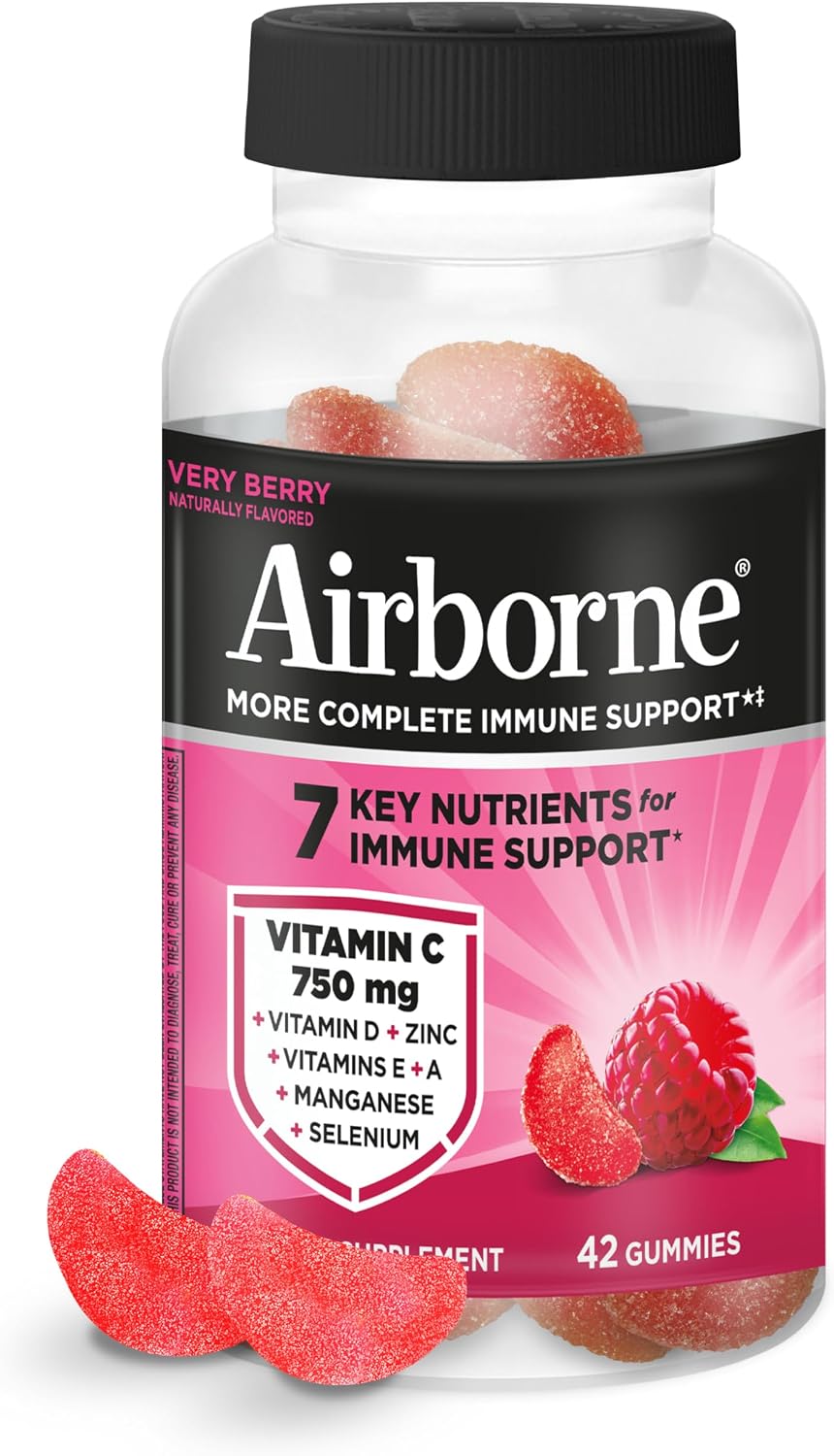 Airborne 750mg Vitamina C Gomitas para Adultos - Apoyo Inmunitario con Antioxidantes y Selenio - 42 Gomitas Sabor Bayas