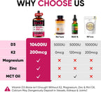 5-in-1 Vitamin D3 K2 Drops - 10000 UI D3 y 200 mcg K2 (MK-7) con Magnesio, Zinc y MCT Oil