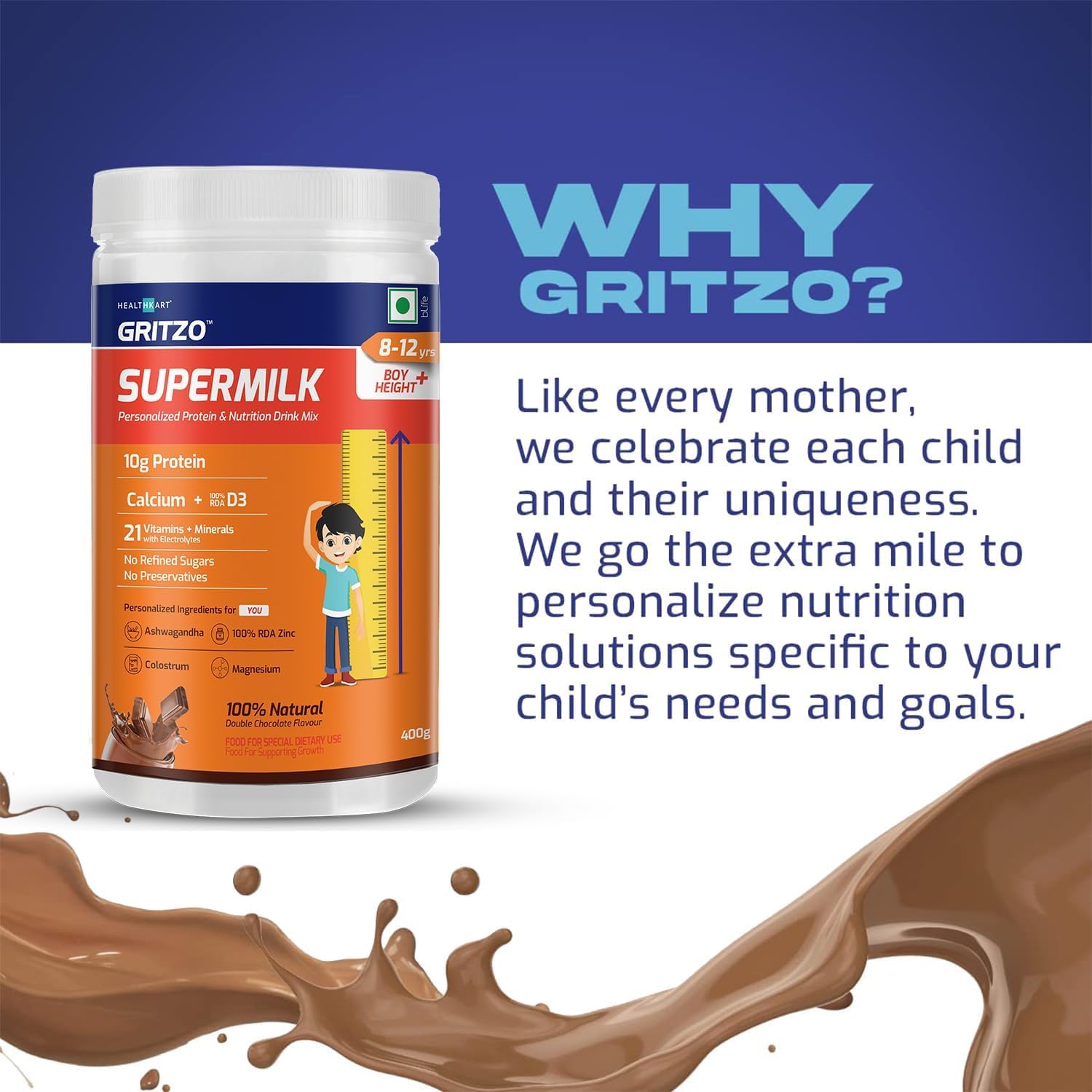 ATS Supermilk Height+ para niños de 8 a 12 años - Bebida proteica sabor chocolate, 400g