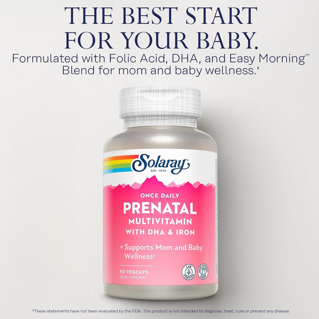 SOLARAY Daily Prenatal Multivitamin with DHA, Iron and Easy Morning - Whole Food Base - 90 Veg Capsules