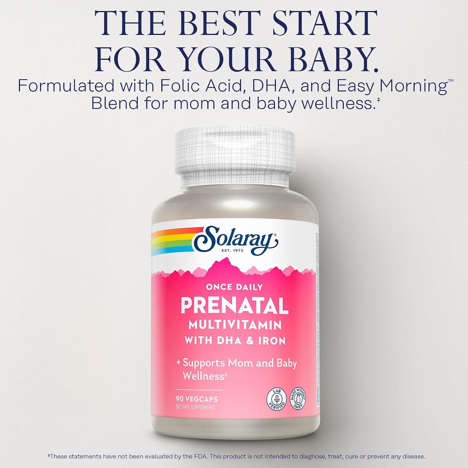 SOLARAY Daily Prenatal Multivitamin with DHA, Iron and Easy Morning - Whole Food Base - 90 Veg Capsules
