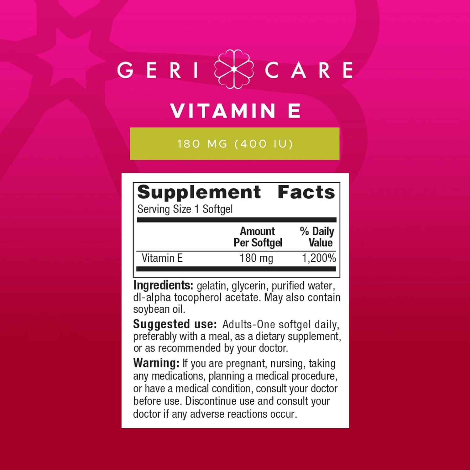 GeriCare Vitamina E Alta Potencia 400 UI (180 mg) - 100 Cápsulas Blandas