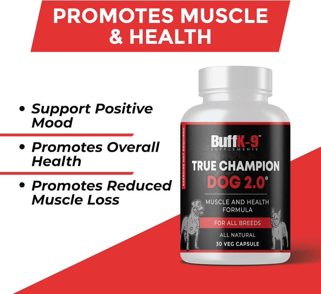 True Champ 2.0 Suplemento para el desarrollo muscular en perros, Cápsulas de apoyo al bienestar canino para todas las razas (30 Cápsulas vegetales)