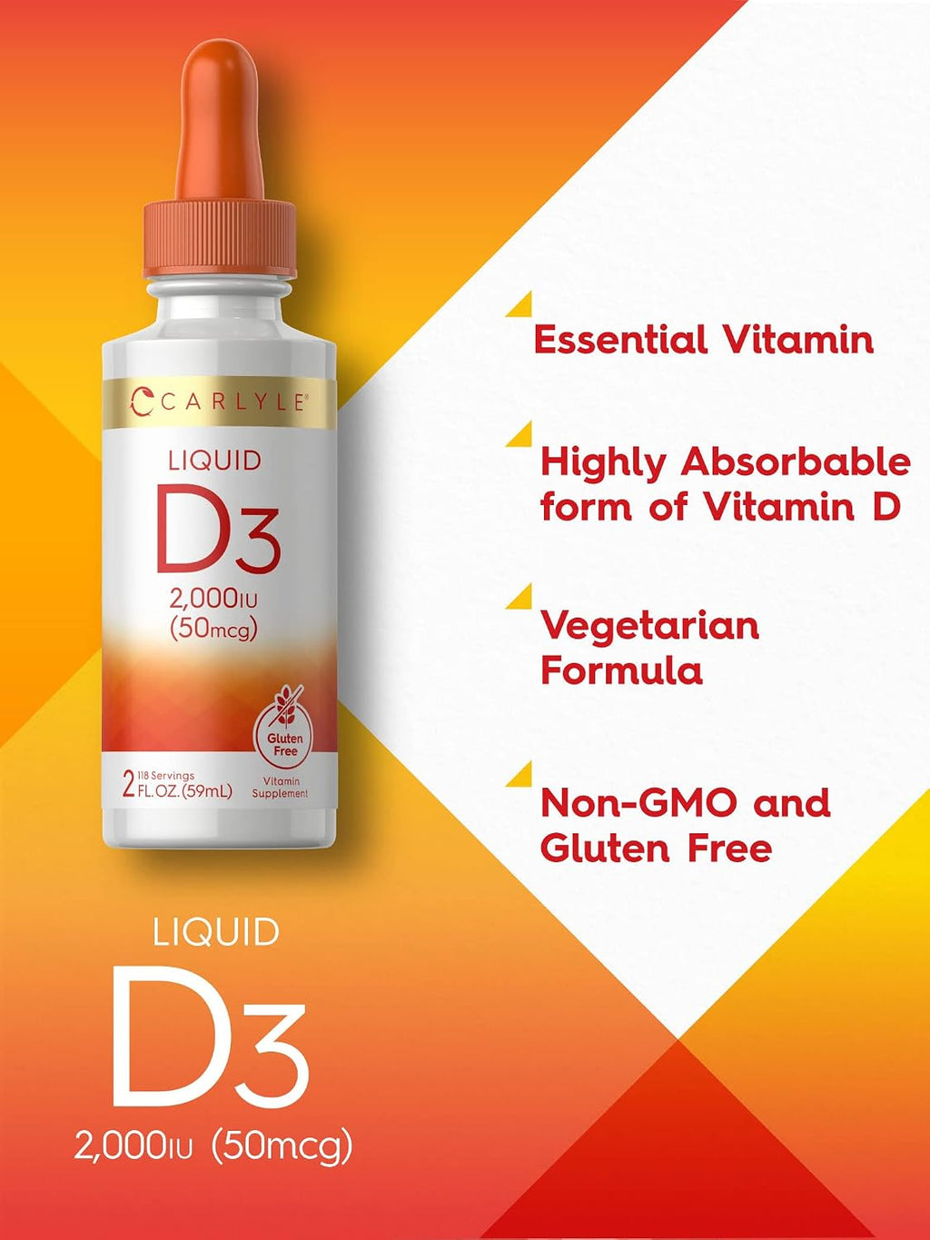 Carlyle Vitamina D3 Gotas Líquidas, 2000 IU (50 mcg), 59 ml (2 fl oz)
