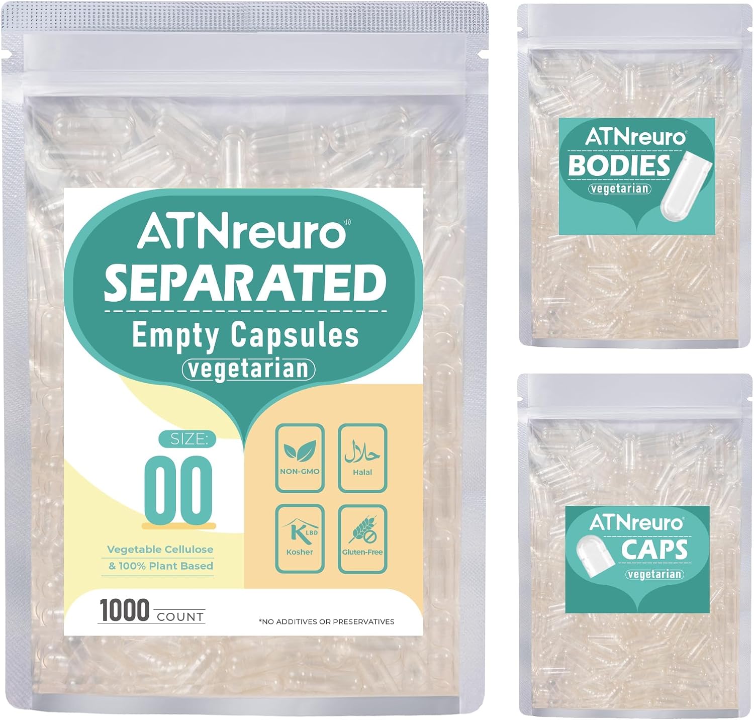 ATNreuro Cápsulas Vacías Veganas Pre-Separadas Tamaño 00 - 1000 uds - HPMC