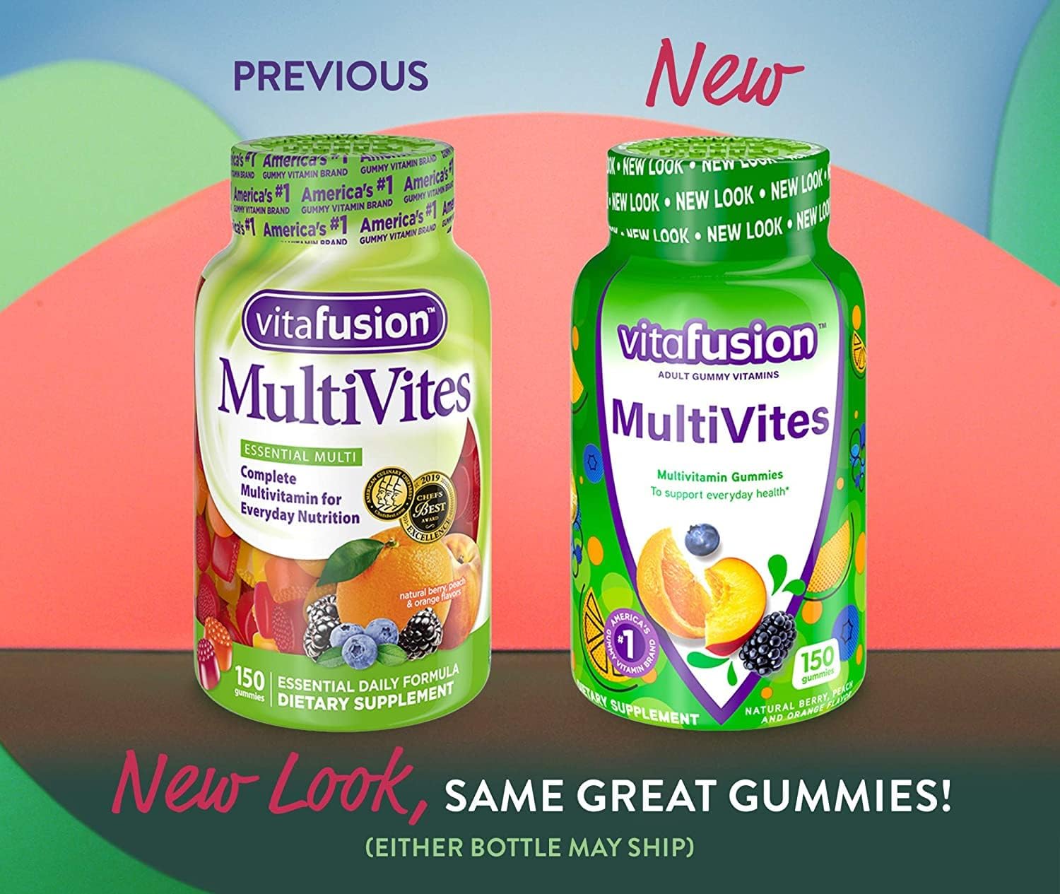Vitafusion MultiVites Gominolas Multivitamínicas para Adultos, Sabores Berry, Melocotón y Naranja - 70 gominolas, Pack de 2