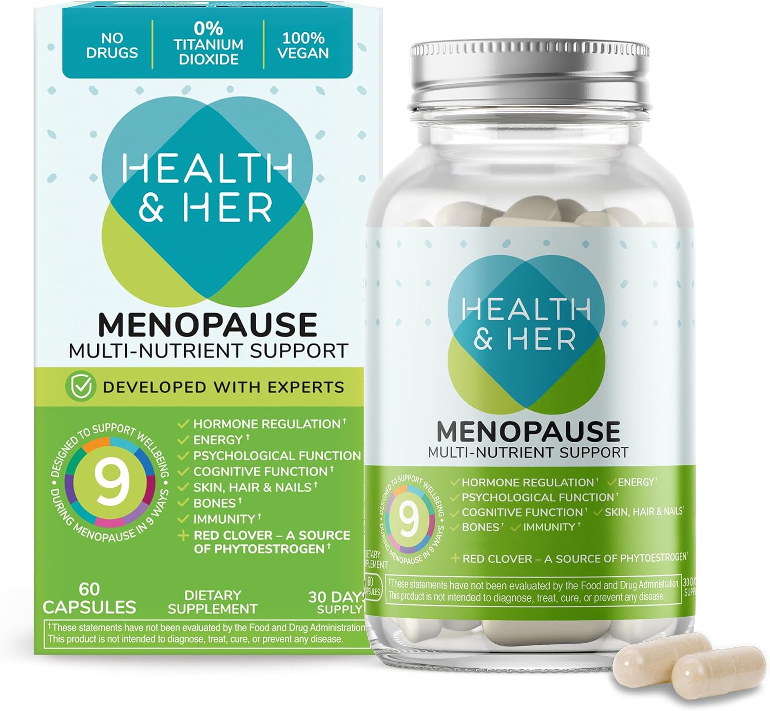 Health & Her Complementos para la Menopausia - Apoyo Multinutriente para Energía, Huesos, Músculos, Piel y Cabello - Vegano, Sin Gluten (60 Cápsulas - 1 Mes)