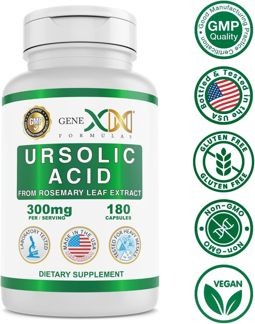 Genex Formulas Ácido Ursólico 300mg (180 Cápsulas) – Extracto de Romero, No-GMO, Sin Gluten, Vegetariano