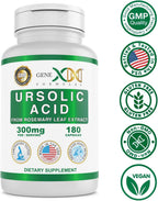 Genex Formulas Ácido Ursólico 300mg (180 Cápsulas) – Extracto de Romero, No-GMO, Sin Gluten, Vegetariano