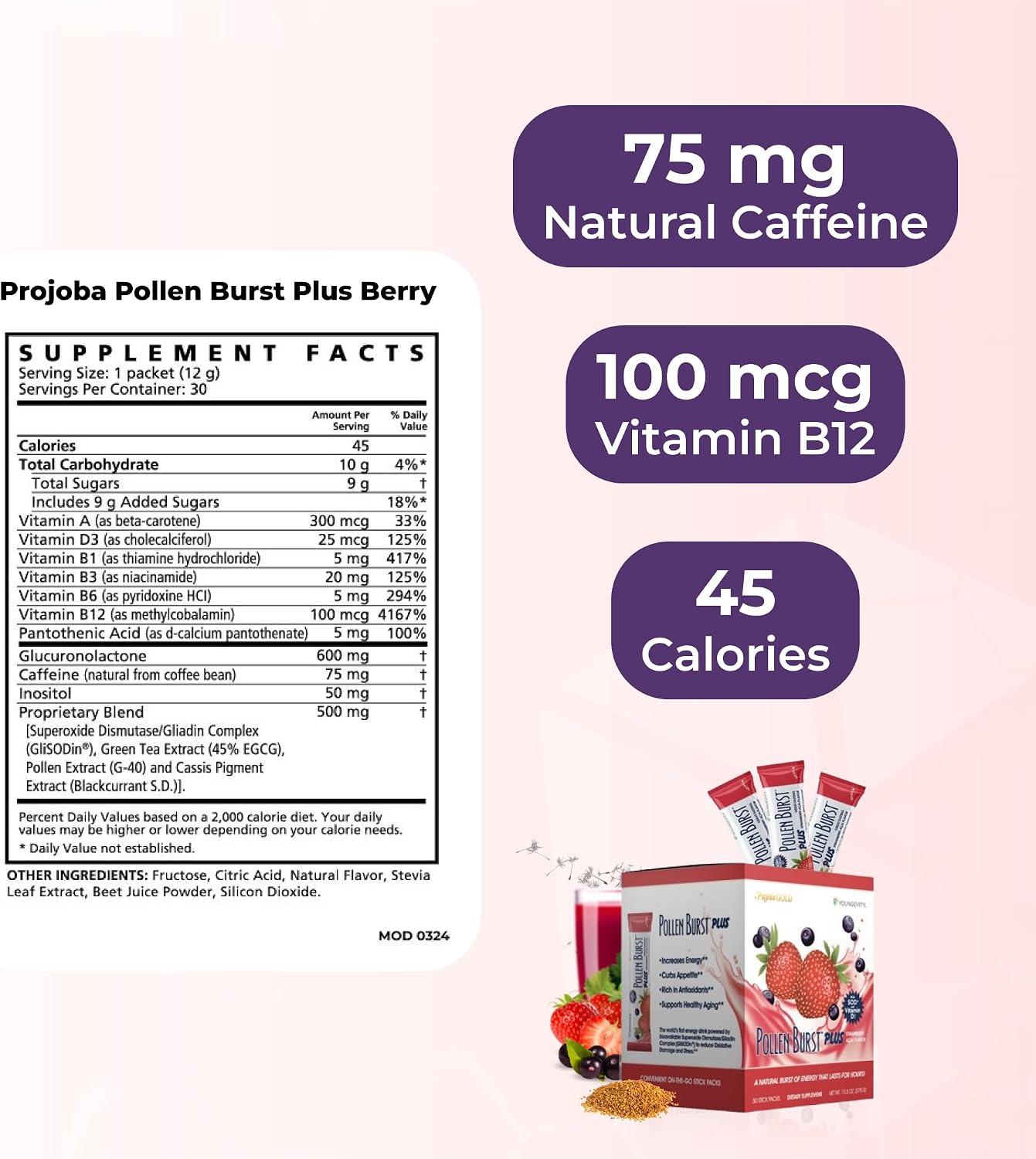 Youngevity Pollen Burst Energy Drink - Fresa Acai, 30 sobres