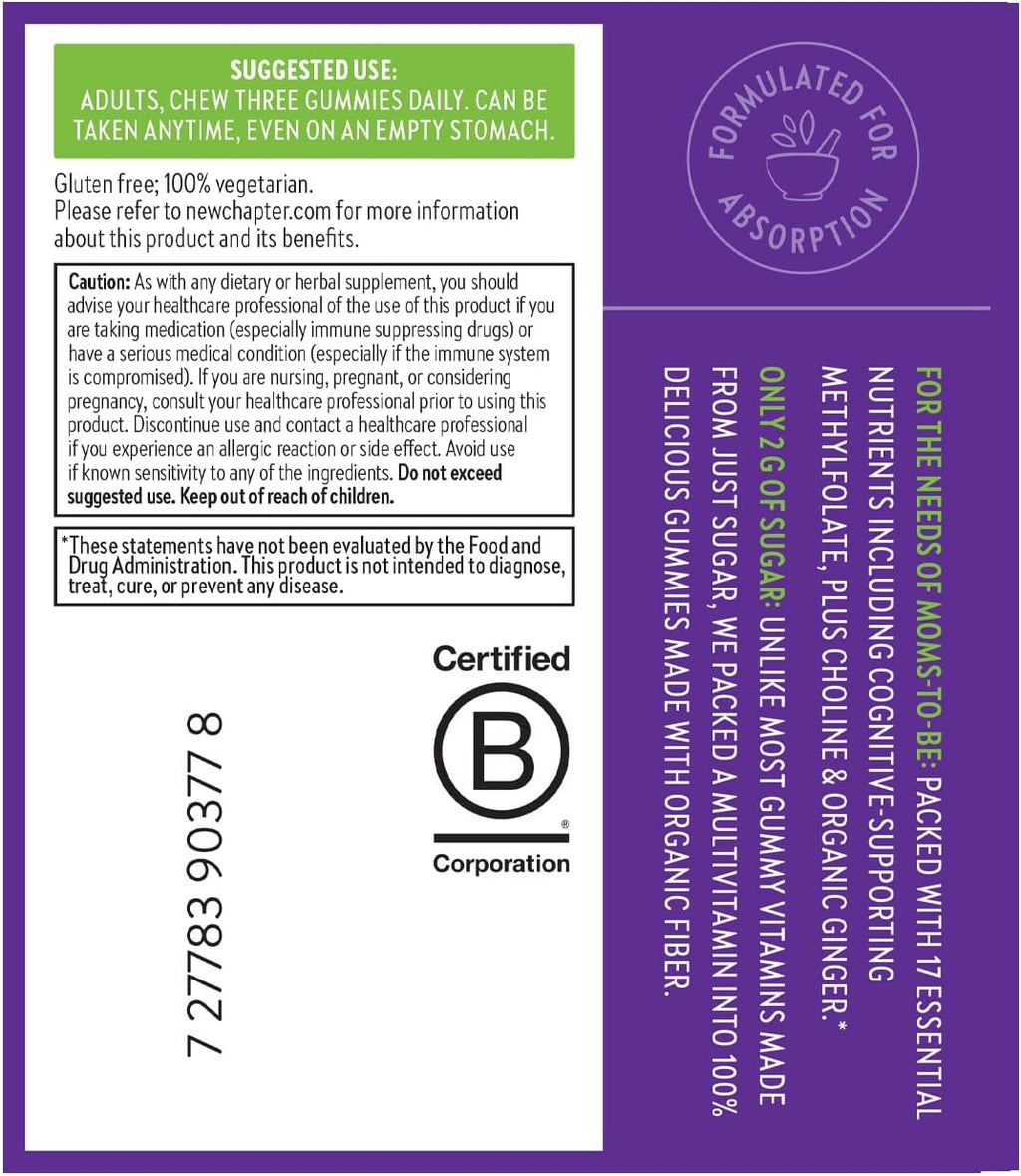 New Chapter Gominolas Multivitamínicas Prenatales – 67% Menos Azúcar, Para Mamá y Bebé Saludable con Metilfolato, Vitamina D3, Colina + Jengibre, Sin OGM, Sin Gluten, Sabor Cítrico de Bayas, 90 unidades