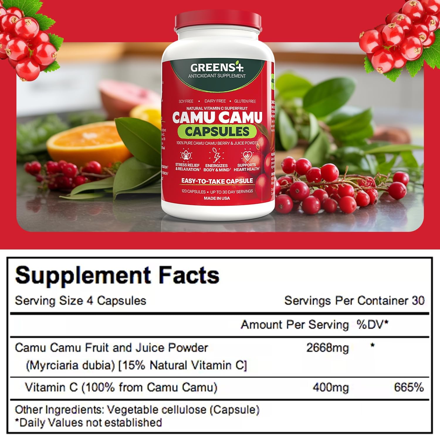 Greens+ SuperFruit Amazonian Camu Camu Supplement with Vitamins and Minerals, High ORAC Antioxidants, 400mg Natural Vitamin C, 120 Vegetable Capsules
