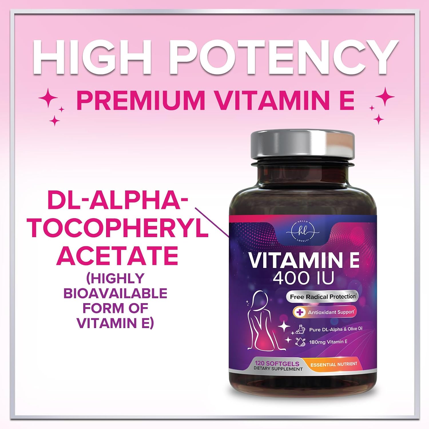 Hello Lovely Vitamina E 180 mg - Suplemento de dl-Alfa Tocoferol - 120 Cápsulas Blandas