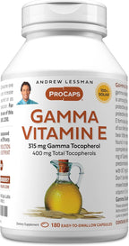 ANDREW LESSMAN Vitamina E Gamma 180 Cápsulas Blandas - 315 mg Gamma Tocoferol, Cuatro Formas de Tocoferoles Naturales con Aceite Ahiflower