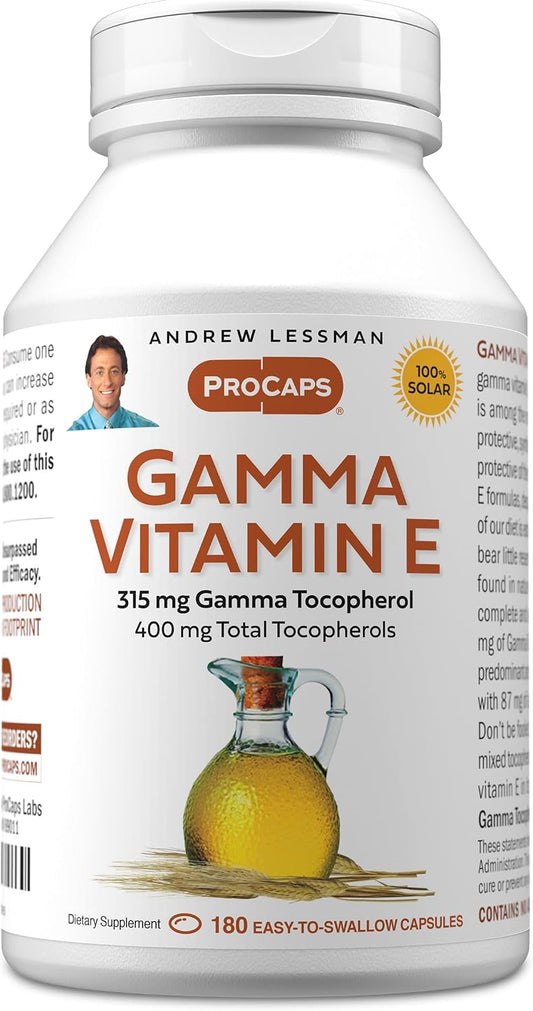 ANDREW LESSMAN Vitamina E Gamma 180 Cápsulas Blandas - 315 mg Gamma Tocoferol, Cuatro Formas de Tocoferoles Naturales con Aceite Ahiflower