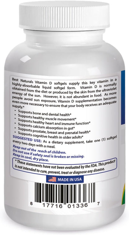 Best Naturals Vitamin D3 10000 IU Softgel, – Mantenimiento de huesos: Ayuda a mantener los huesos en condiciones – Image 2