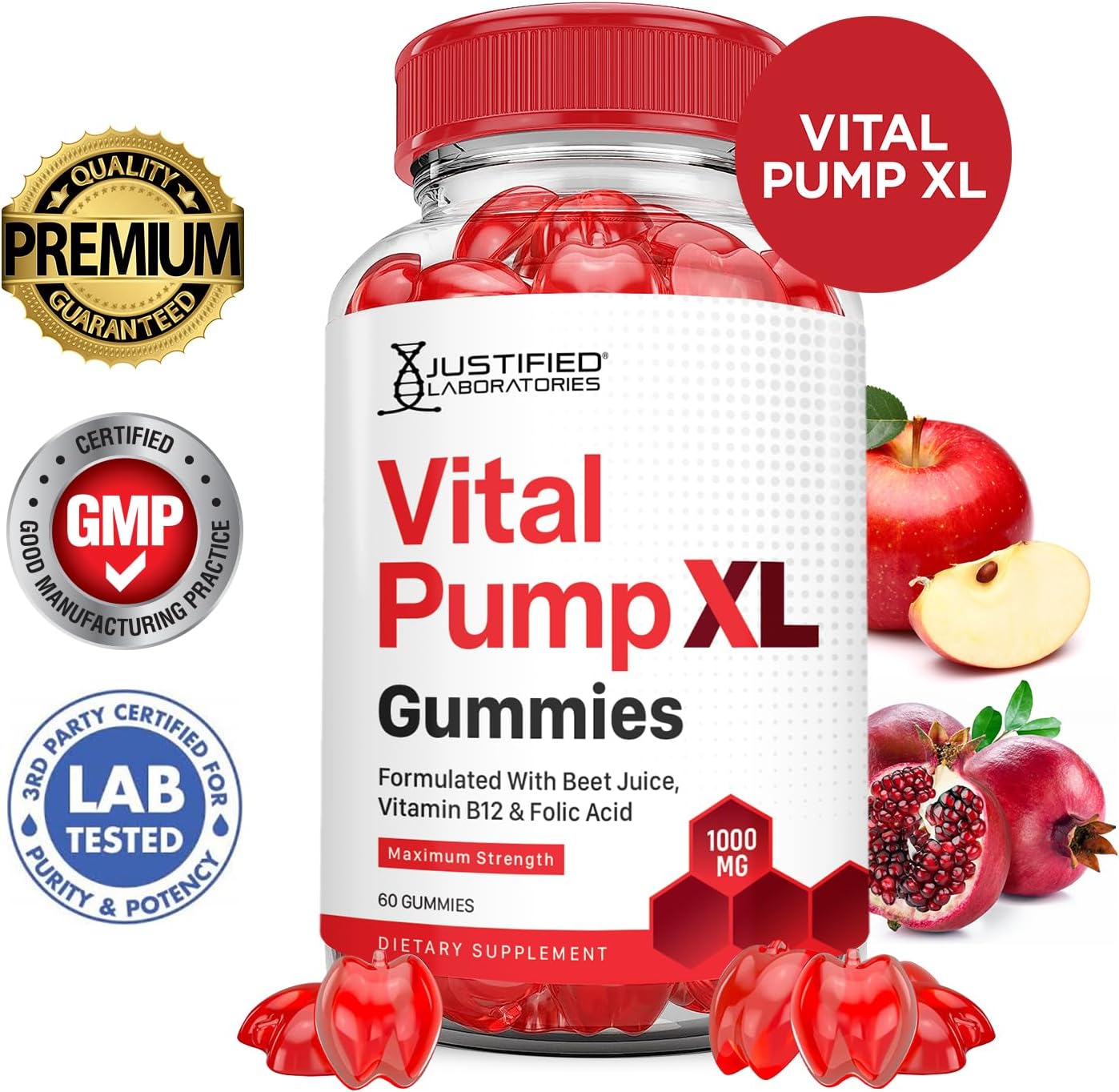 Justified Laboratories Vital Pump XL Performance Gummies 1000mg - Pack de 2 - 120 Gominolas con Vinagre de Manzana, Remolacha, Vitamina B12 y Ácido Fólico - Vegano, Sin Gluten