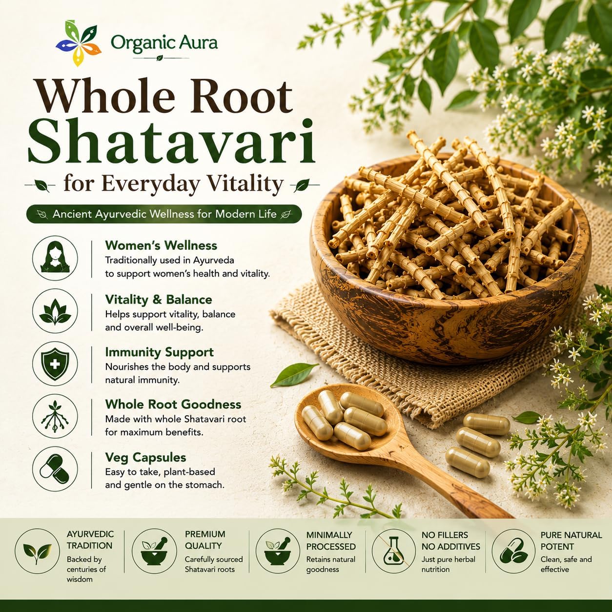 Cápsulas de Raíz de Shatavari en Polvo - Complemento Alimenticio para el Bienestar Femenino y la Vitalidad Diaria - 100% Puro y Natural, Vegano, Sin Gluten