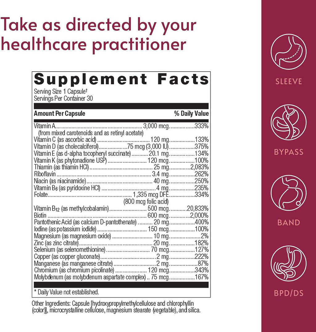 Bariatric Advantage Ultra Solo sin Hierro - Multivitamínico Diario para Pacientes Bariátricos - 30 Cápsulas