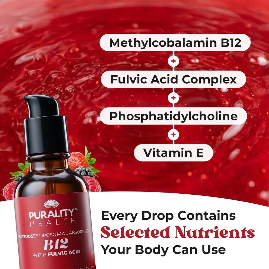PURALITY HEALTH Liposomal Liquid Vitamin B12 with Fulvic Acid, 2500 mcg. Methylcobalamin combined with Organic Glycerine Extract for Maximum Absorption, Energy Boost, Vegan