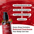 PURALITY HEALTH Liposomal Liquid Vitamin B12 with Fulvic Acid, 2500 mcg. Methylcobalamin combined with Organic Glycerine Extract for Maximum Absorption, Energy Boost, Vegan