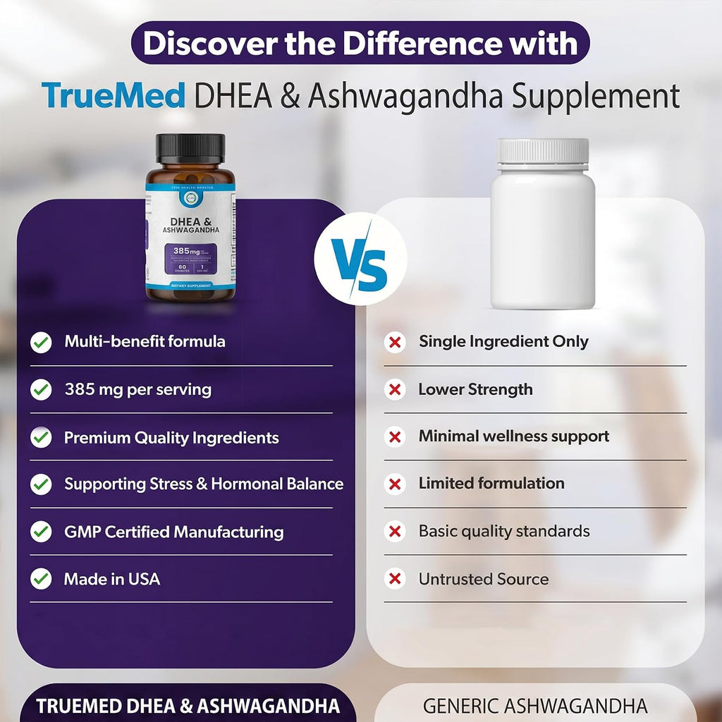 TRUEMED DHEA & Ashwagandha 385mg – Ashwagandha 250mg, DHEA 10mg, Vitamina C y B6 – Apoya la Relajación, Energía Natural y Estado de Ánimo Equilibrado – 60 Cápsulas Veganas