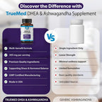 TRUEMED DHEA & Ashwagandha 385mg – Ashwagandha 250mg, DHEA 10mg, Vitamina C y B6 – Apoya la Relajación, Energía Natural y Estado de Ánimo Equilibrado – 60 Cápsulas Veganas