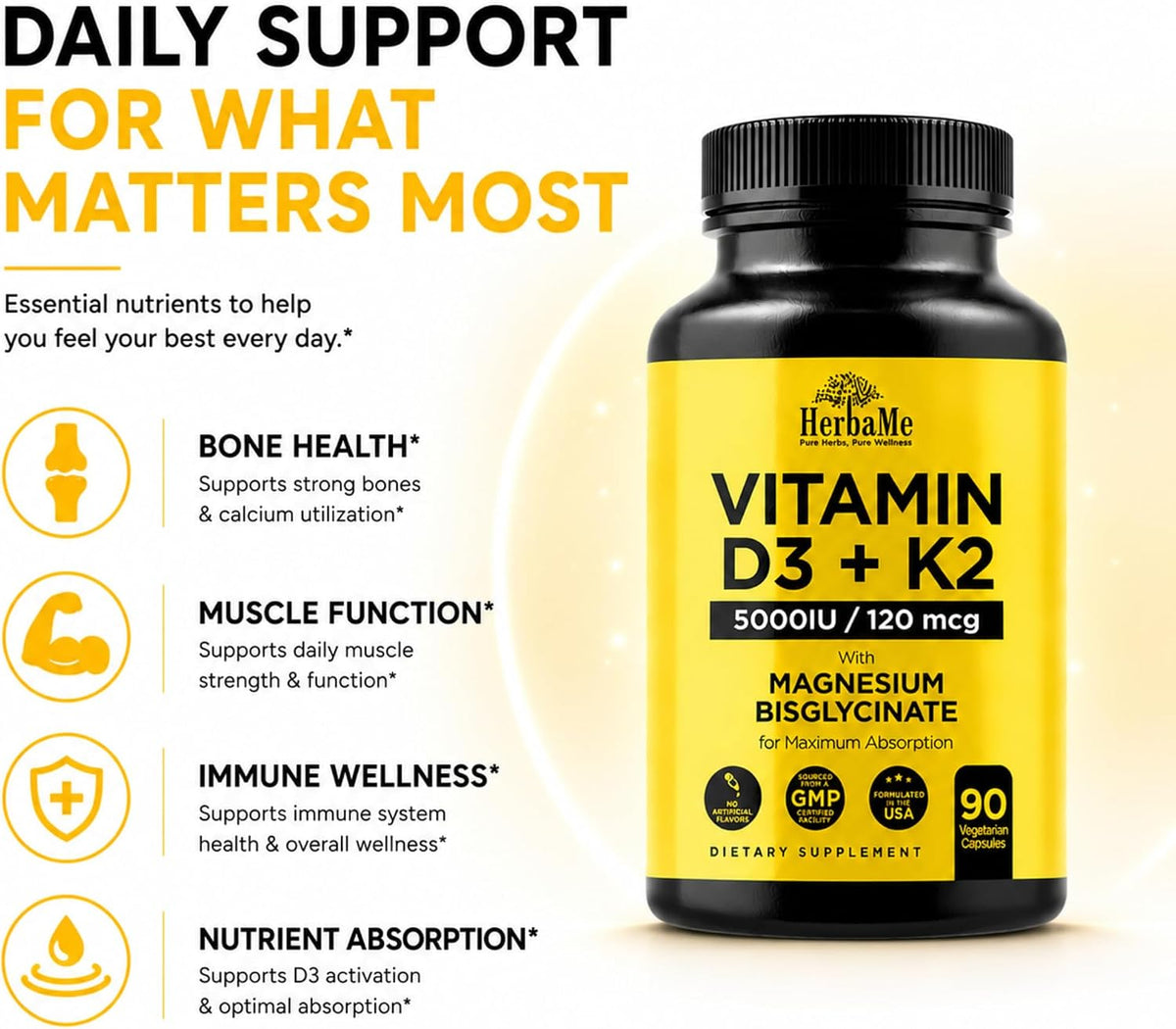 HerbaMe Vitamina D3 5000 UI + K2 con Magnesio Bisglicinato | Salud Ósea, Muscular e Inmune | 90 Cápsulas – Image 4