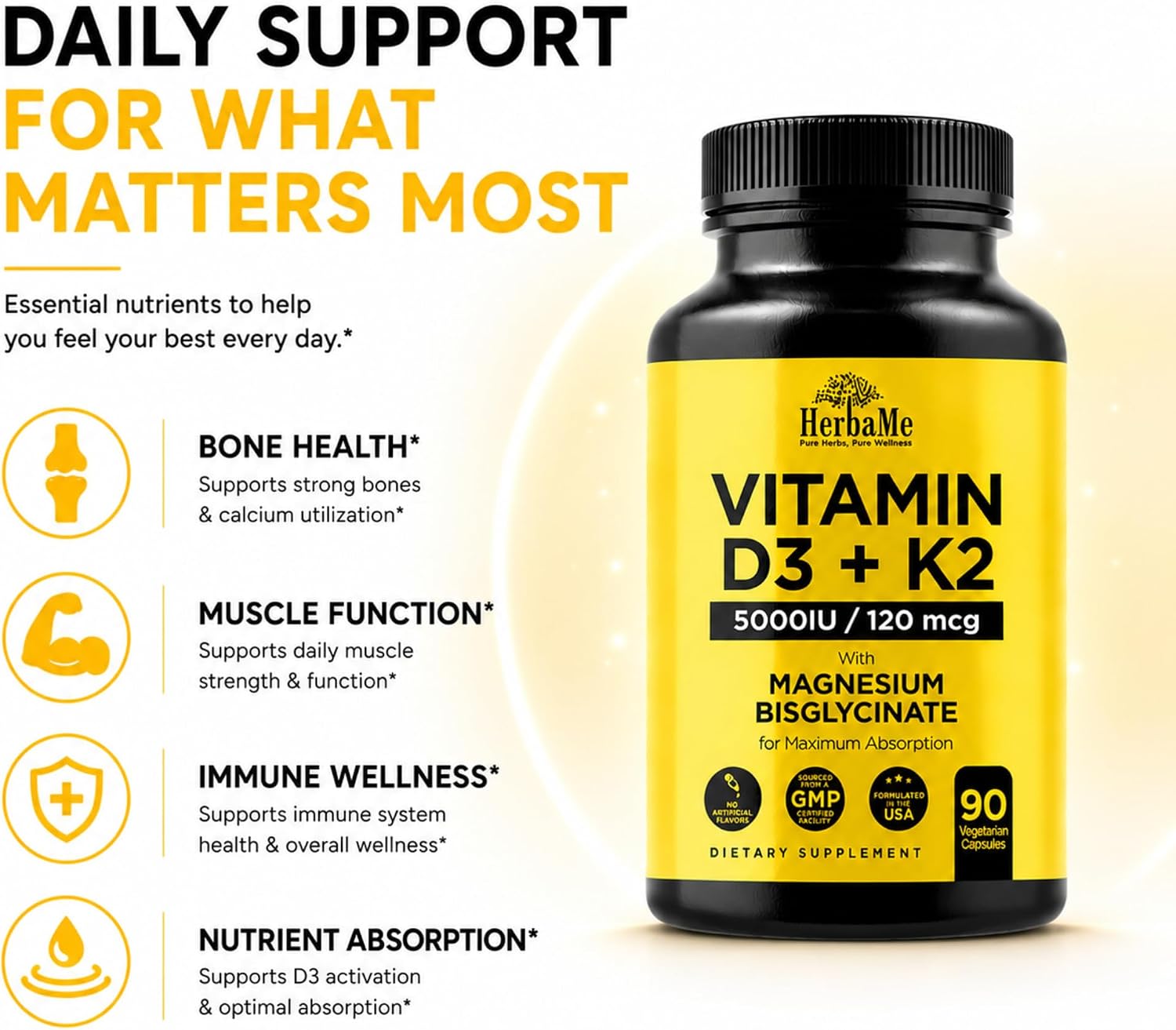 HerbaMe Vitamina D3 5000 UI + K2 con Magnesio Bisglicinato | Salud Ósea, Muscular e Inmune | 90 Cápsulas