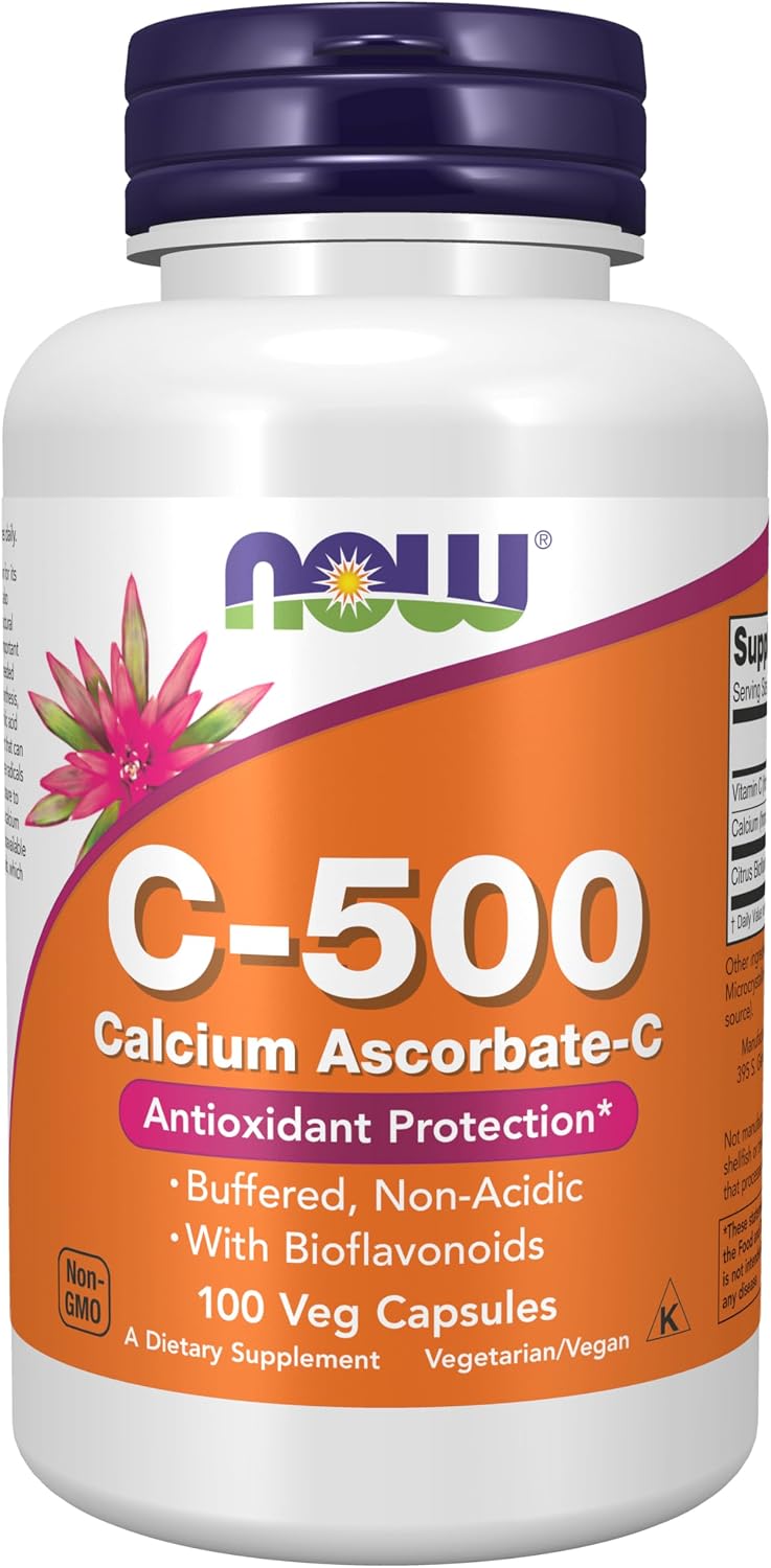 NOW Foods Vitamin C-500, Calcium Ascorbate with Bioflavonoids, 100 Vegan Capsules
