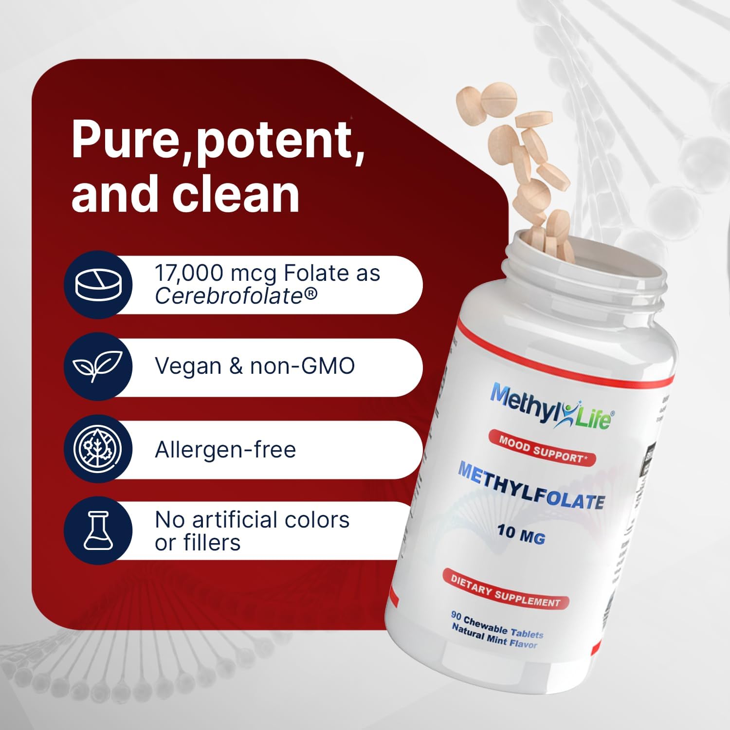 Methyl-Life® L-Metilfolato 10 mg - Comprimidos Masticables de Folato Activo con Cerebrofolate® (L-5-MTHF) | Vegano, Sin OGM, Sin Gluten | 90 Comprimidos