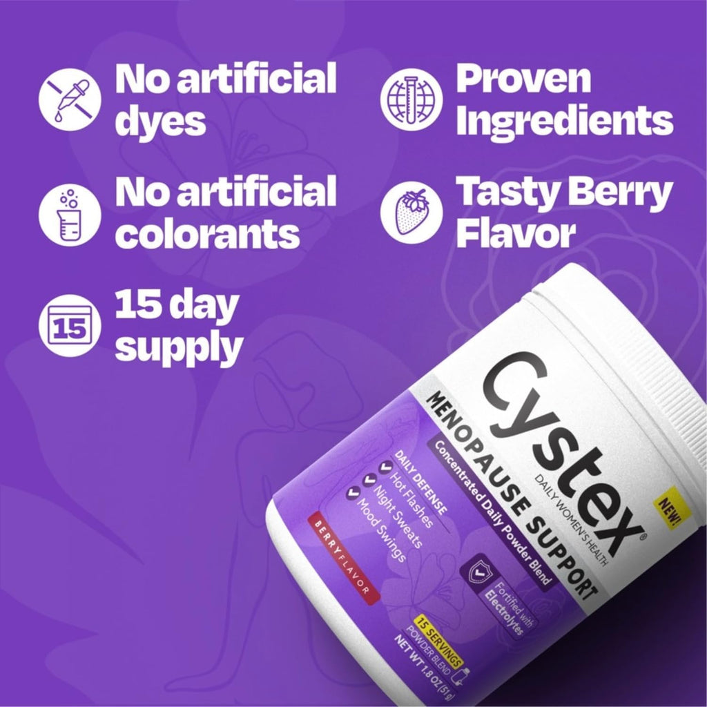 Cystex Menopause Support Powder - Mezcla en polvo con electrolitos para el apoyo diario durante la menopausia - Sabor a bayas - 15 porciones