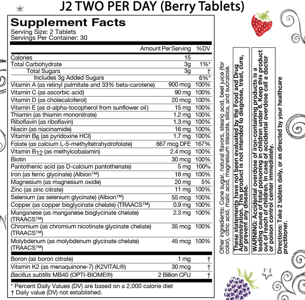 J2 Multivitamínico Masticable Dos al Día - Sabor Baya - 60 Comprimidos (30 Días)